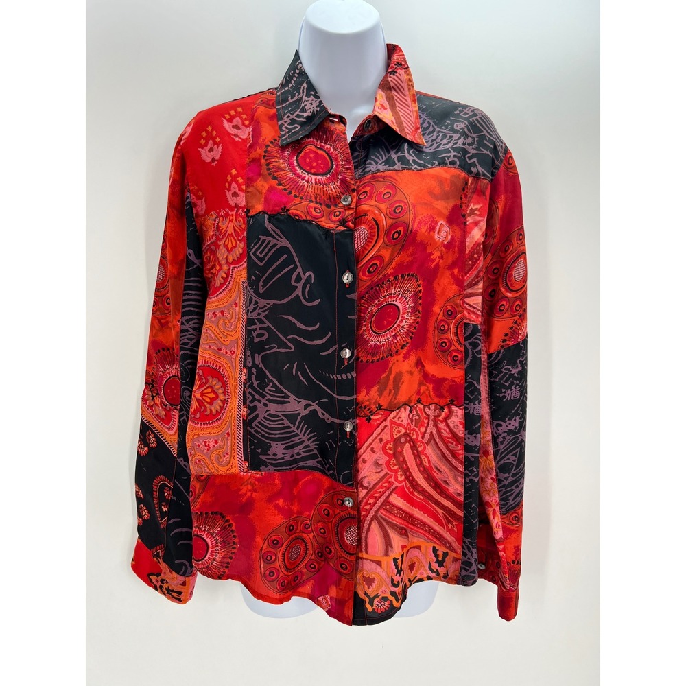 Chicos Womens Size 1 US M Silk Patchwork Paisley Button Down Shirt Red Black - Picture 11 of 11